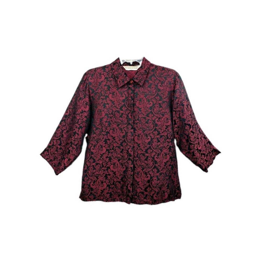 Vintage Silk Button Up Shirt Size M Black Red Brocade Whimsygoth Vampy Romantic